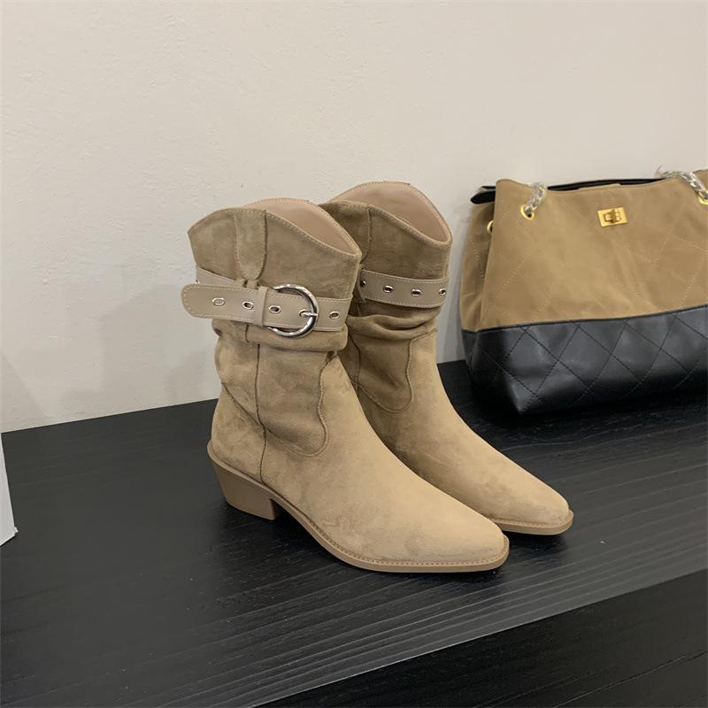 2025 autumn and winter new fashion versatile knight boots pointed thick heel belt buckle wrinkled stack boots retro west