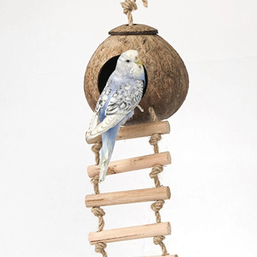 Coconut Bird Nest Hut With Ladder Hanging,Hanging Coconut Bird House Parrot Hideout Bird Cage For Lovebird Pigeons Pet Supplies