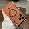 Lambskin Faux Leather Magnetic Case for iPhone 15 Pro Max, PU+TPU+PC Wear-resistant Shockproof Protective Cover