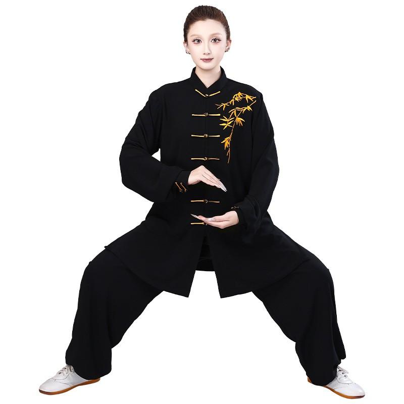 Mens Tai Chi Uniform Unisex Martial Arts Practice Suit Mid-Length Embroidery Bamboo Wushu Training Wear