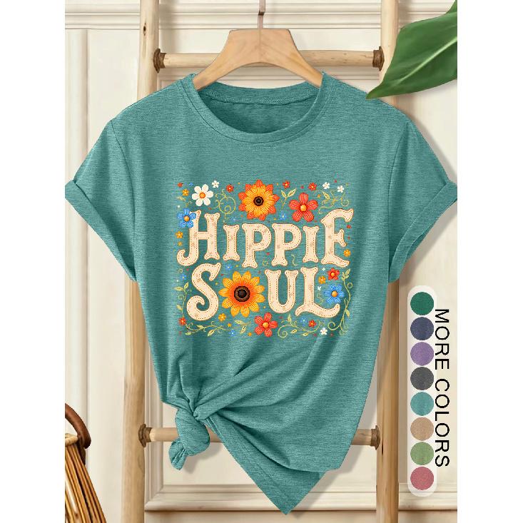 Women's Elegant Style Plus Size Loose Short Sleeve Hippie Soul Hippie Floral Print Pattern Round Neck Women's Comfortable Soft Breathable New Spring