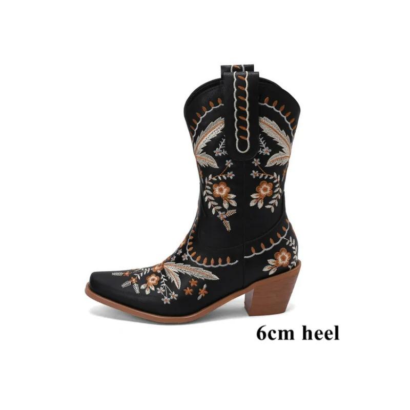 Mode Schwarz Bestickte Western Cowboy Stiefel Hick Absatz Mid Stiefel Böhmische Ritterstiefel Kurze Stiefeletten