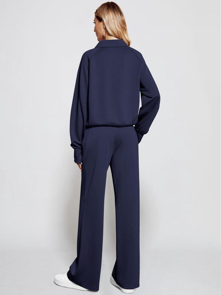 European & American Women's Casual Zipper Sweatshirt and Wide Leg Sweatpants Set