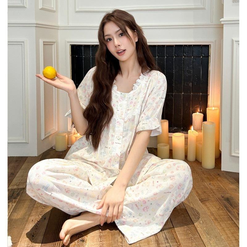 Sweet Wind Pure Cotton Floral Printing Pajamas Spring and Summer New Round Neck Lace Edge Can Be Worn Outside Short-sleeved Loungewear Suit