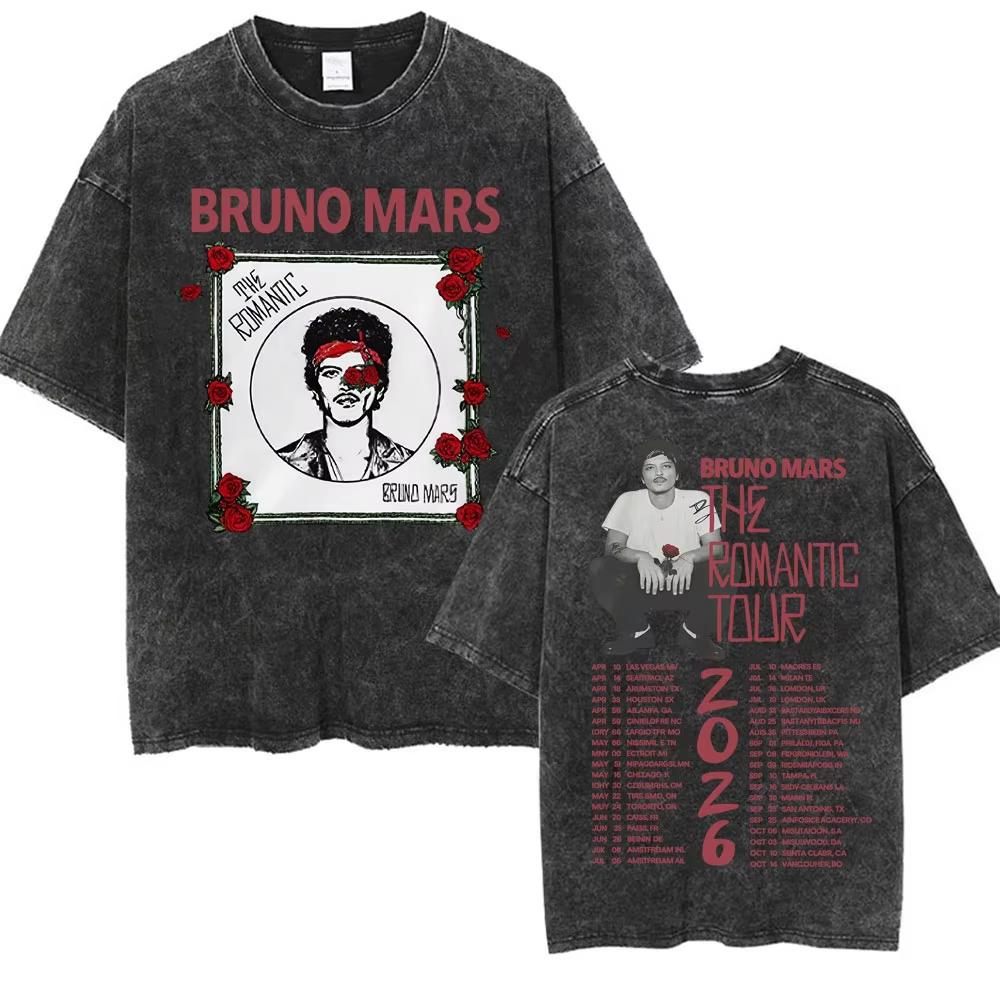 Bruno Mars The Romantic Tour 2026 Vintage Gewassen T-shirt Mannen Vrouwen Mode Hip Hop Pop Muziek T-shirt Zomer Casual Katoenen T-shirt
