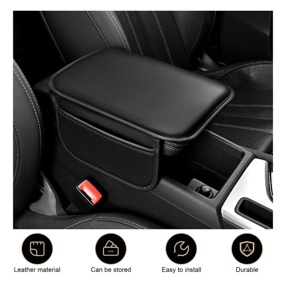 Universal Car Center Console Cover Leather Material Soft Cushion Leather Armrest Cover 2 Storage Bags Durable Protective Cushion