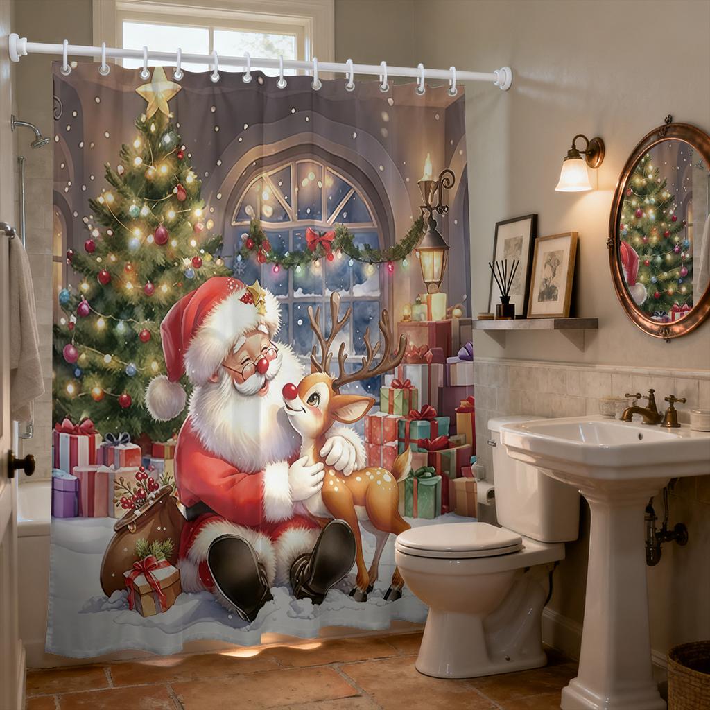 1pc Merry Christmas, Santa Claus print, waterproof shower, privacy curtain with 12 hooks, multiple sizes machine washable