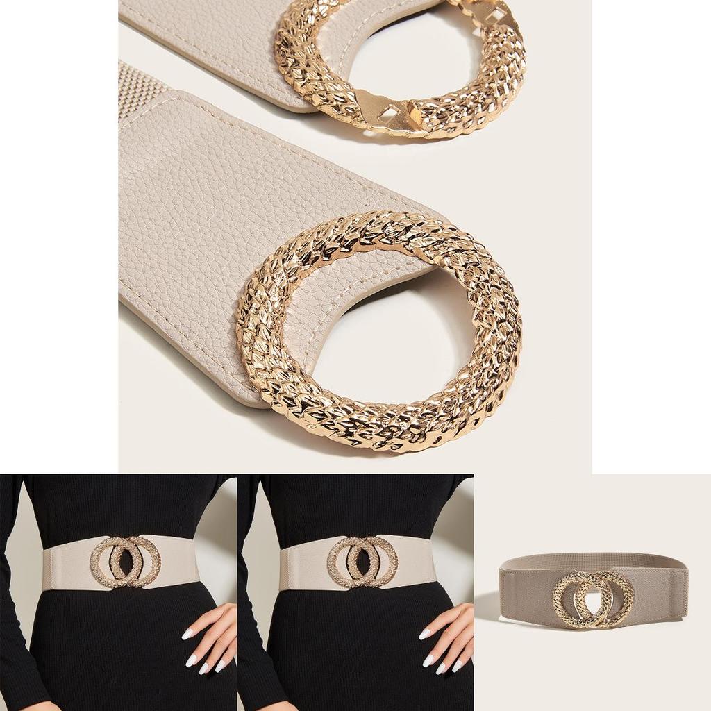 Artistic Vintage Leather Waist Belt For Women With Elastic Double Buckle For Casual Wear