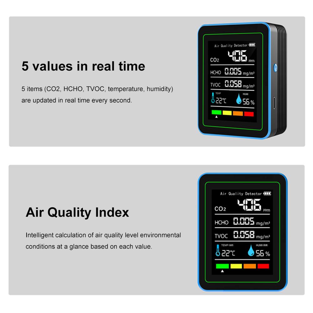 5'i 1 arada Hava Kalitesi Monitörü Hava Kalitesi Dedektörü İç Hava Kalitesi Ölçer Sıcaklık ve Nem Monitörü Ev Ofis Okul için