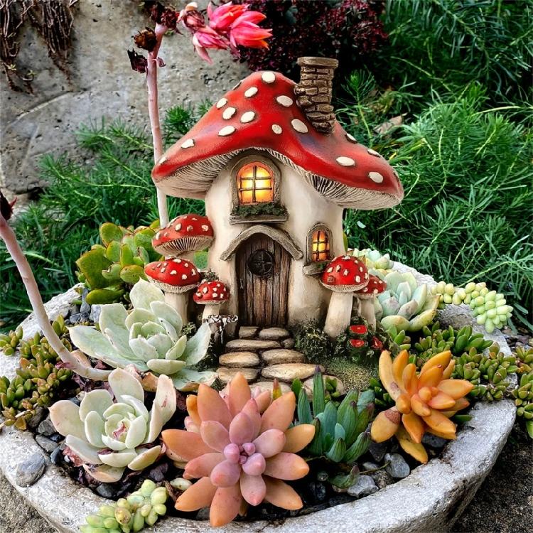 Realistischer handgefertigter Pilzhaus-Pflanzstab Cottage-Hofschild Rasenornamente Geeignet für kreative Gartendekoration