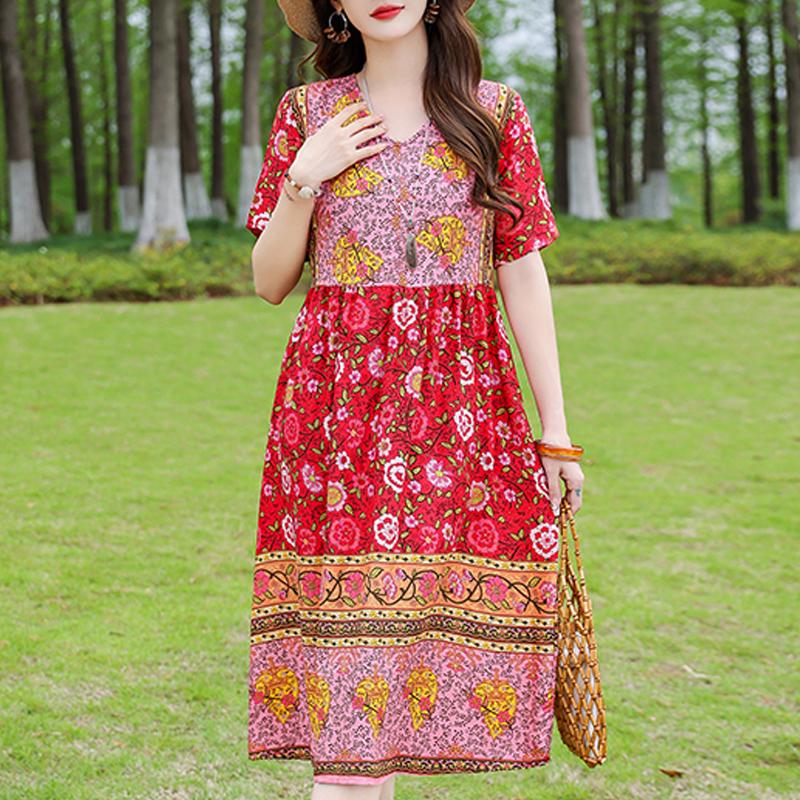 Elegant Women's Dress Summer Vintage Clothes Loose Short Sleeve Plus Size Casual Long Dresses