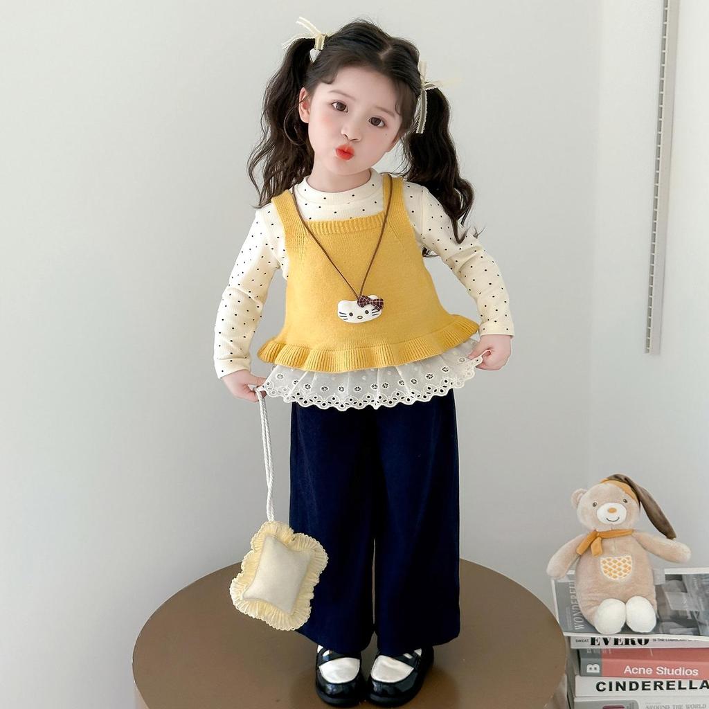 Autumn 2025 Girls' Polka Dot Knit Vest & Shirt Three-Piece Set