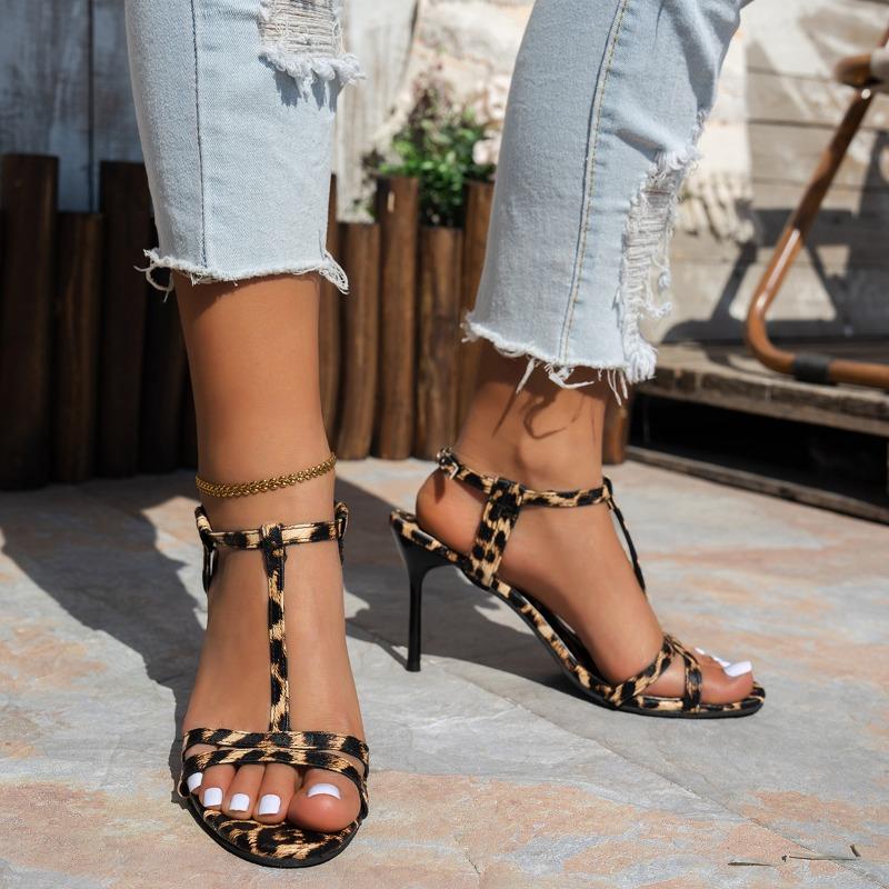 Fashion Women's Fashion Stiletto Sandals Summer New Round Toe Open Toe Leopard Strap Anti-slip Wear-resistant High Heels