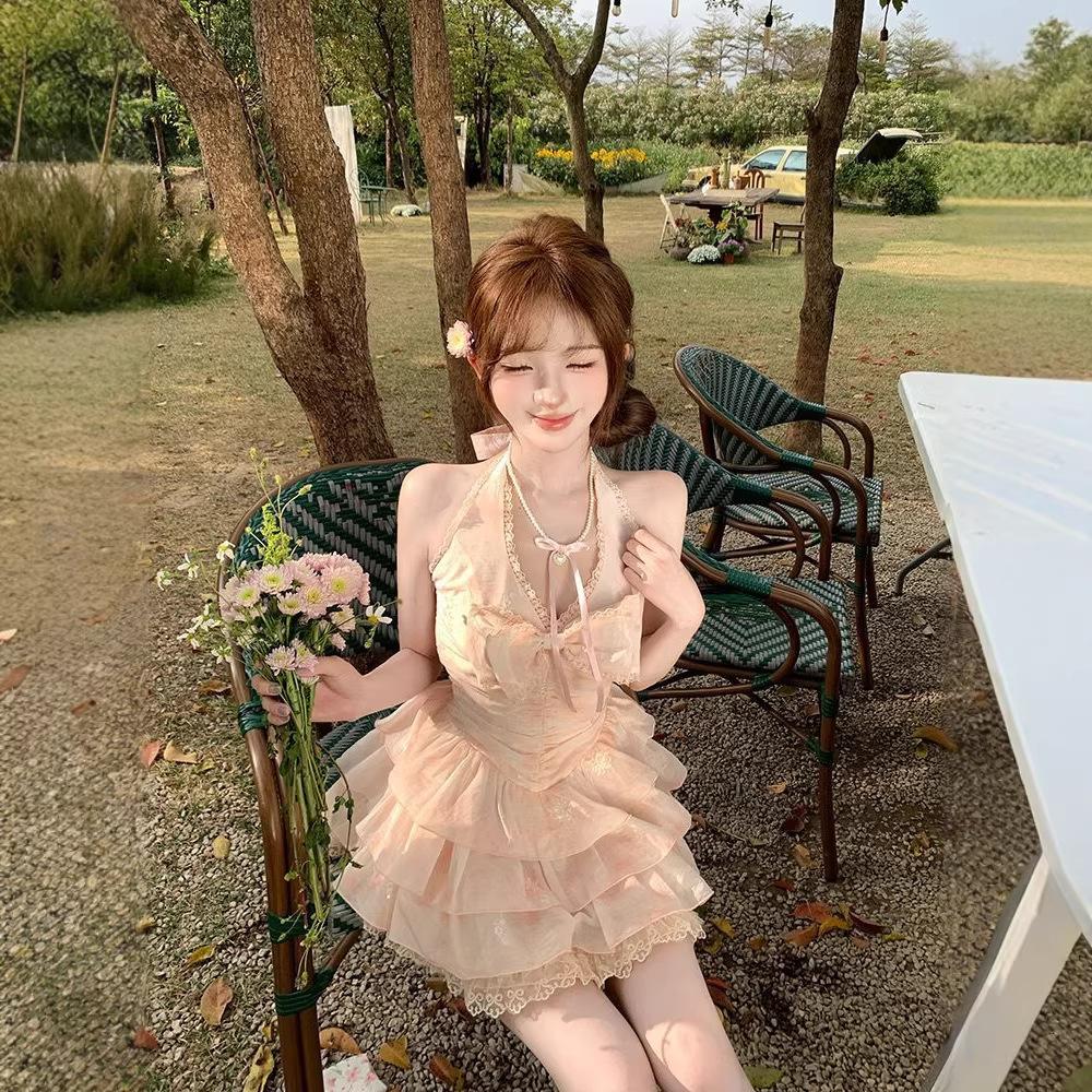 Sweet and Pure Pink Neck Dress Women's Summer French First Love Princess Puffy Skirt Waist Small Skirt