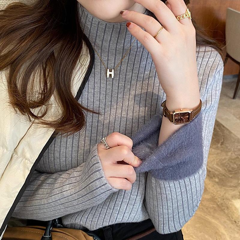 Women's Beige Pluse Velvet Knit Turtleneck Ladies Korean Sexy Underwear Warm Winter Clothes Pullovers Sweater For Women