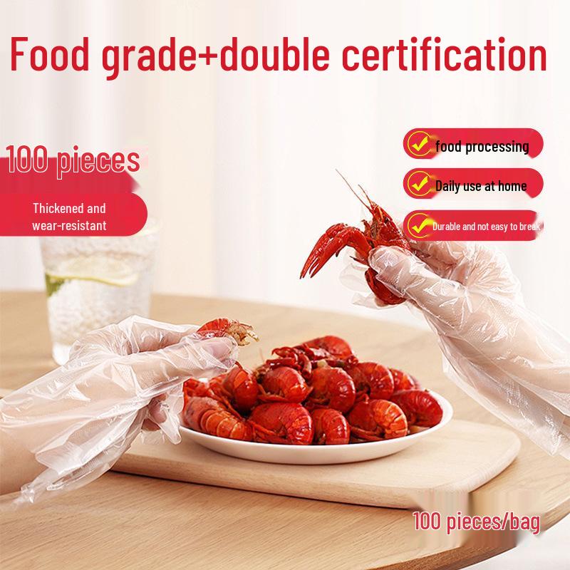 

100 Disposable Food-Grade Thickened Gloves for Catering, Lobster Eating, Kitchen, Household, Commercial Use, Transparent, Takeaway Gloves
