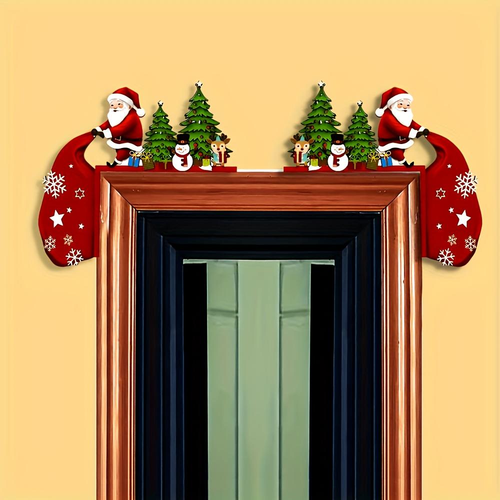 2pcs Wooden Christmas Door Corner Decorations Santa Claus and Reindeer with Snowman, Festive Wall Ornaments, Suitable for Indoor Use in Living Room