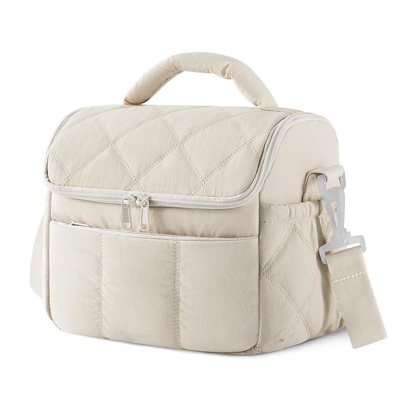Pink Quilted Insulated Lunch Bag With Removable Strap Padded Handle For Work School Picnics
