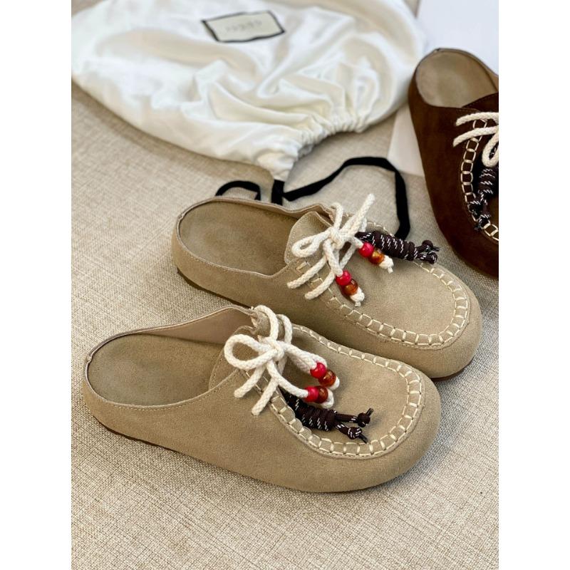 

Kangaroo fashionable beaded contrasting color lace-up outer wear height increase half slippers women lazy beanie shoes 40