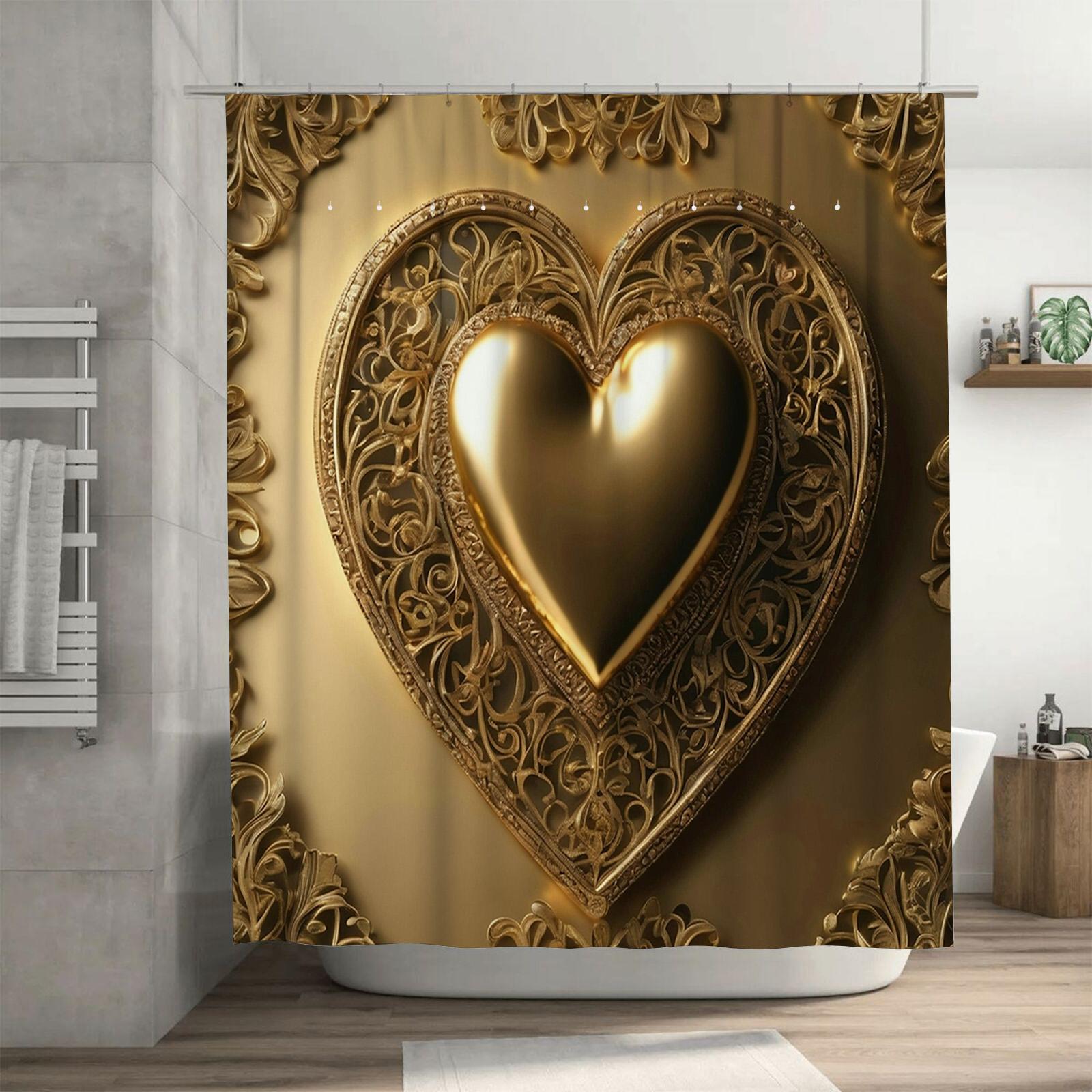 Golden Heart Shower Curtain  Luxurious Ornate Design for a Waterproof and Elegant Bathroom Décor Set 74x94cm(29x37in)