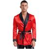 Mens Contrast Smoking Jacket Robe Belt Lapel Long Sleeve Side Pockets Satin Kimono Bathrobe Nightwear Loungewear