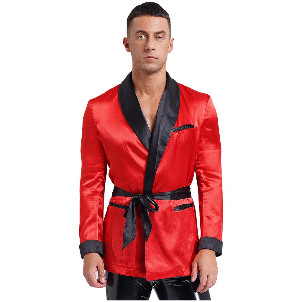 Mens Contrast Smoking Jacket Robe Belt Lapel Long Sleeve Side Pockets Satin Kimono Bathrobe Nightwear Loungewear