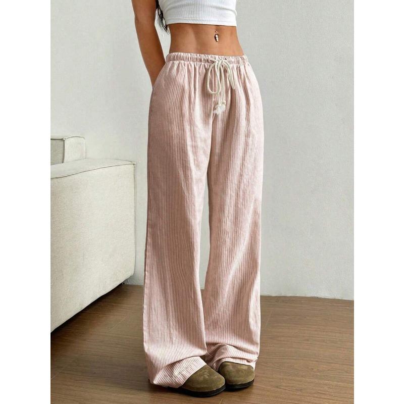 Damen Elastische Taille Gestreifte Weite Hosen Kordelzug Lässige Sommerhosen