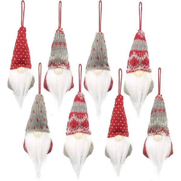 Gnomes Christmas Tree Ornaments Set of 8, Christmas Ornaments 2022 Handmade Plush Gnomes Santa Elf Hanging Home Decorations Holiday Decor Grey/Red
