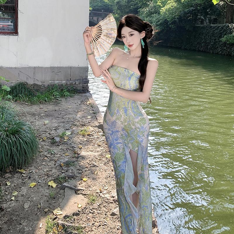 Young retro improved cheongsam new Chinese women's clothing classical green vine temperament printed beautiful tube top dress