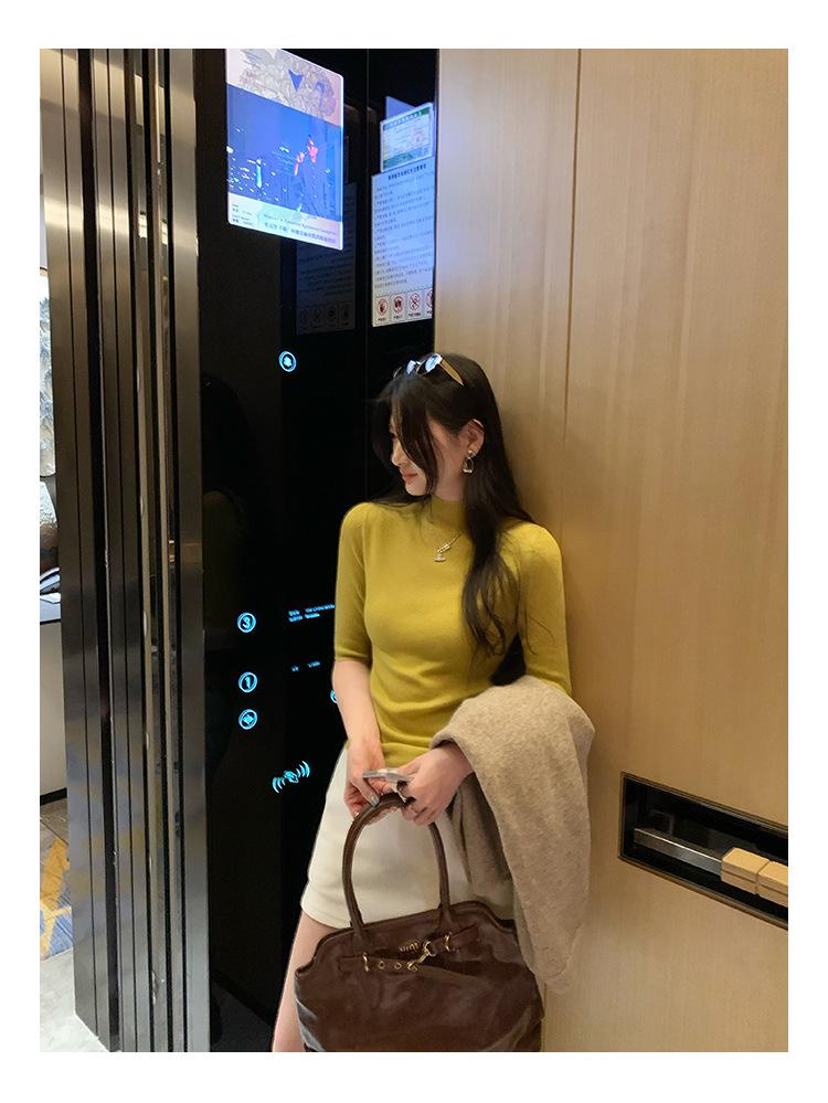 Korean Chic Elegant Half-High Neck Slim Fit Mid-Sleeve Knit Top for Women - 2026 New Arrival