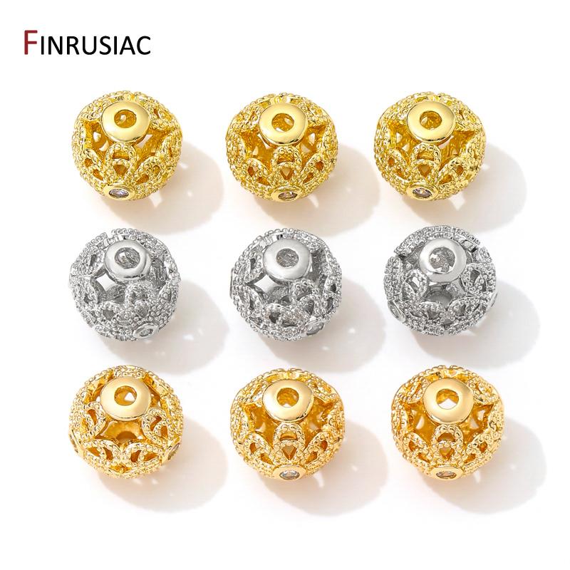 18K Gold Plated Brass 10mm Hollow Spacer Beads,Separators For Beads,Inlaid Zircon Round Beads For DIY Jewelry Making Findings
