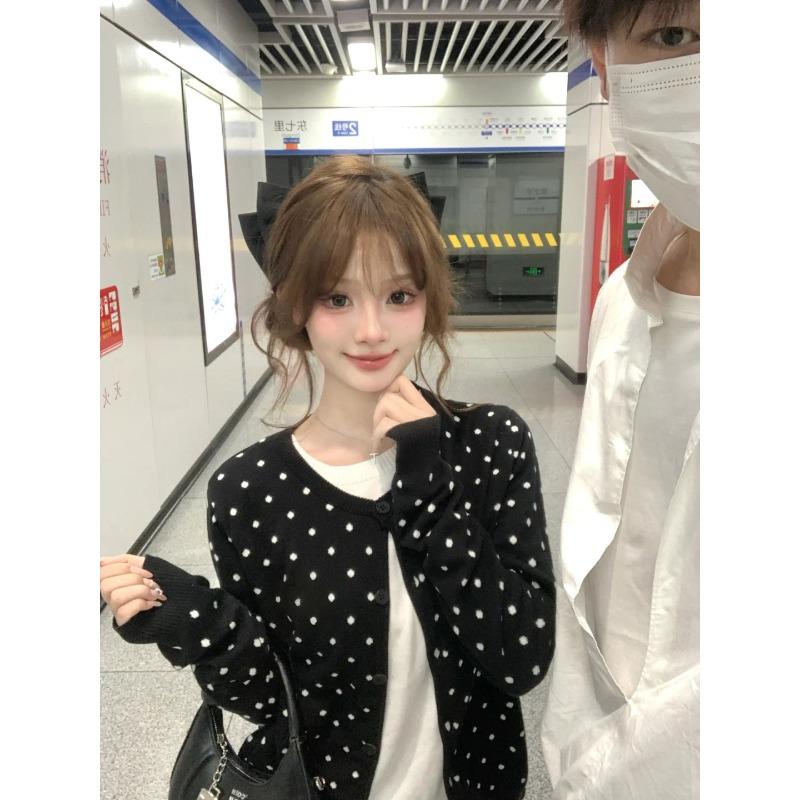 Age-reducing Polka Dot Knitted Cardigan Women's Spring and Autumn Niche Single-breasted Contrasting Long-sleeved Jacket Sweet Style Top