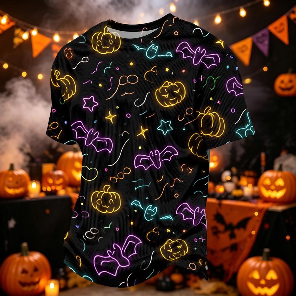 Herren Casual Corduroy Kurzarm Rundhals Leicht Atmungsaktiv Oberteil Halloween-Thema Aufdruck Bequeme Passform