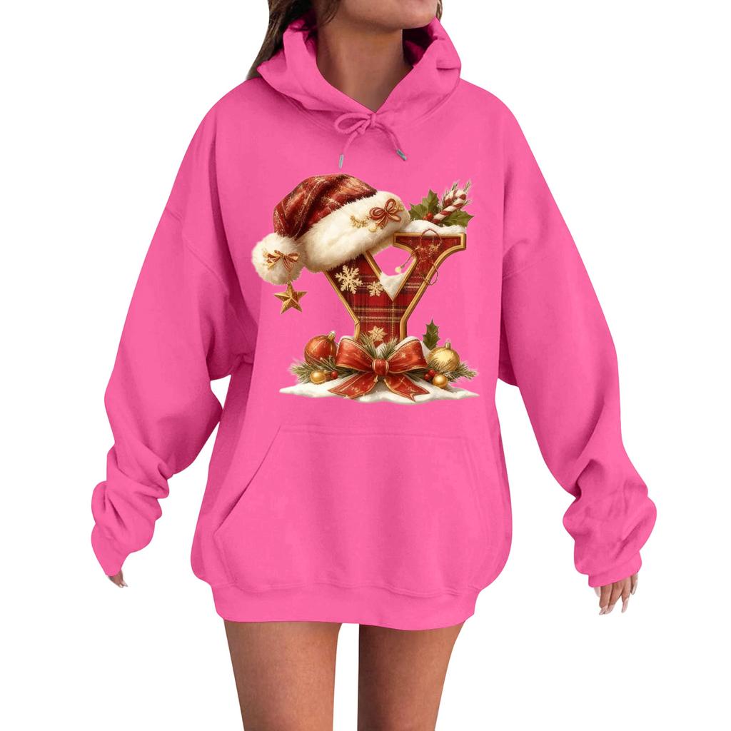 Women's Casual Comfortable Long-Sleeved Christmas Letter-Printed Warm Hooded Crew-Neck Sweatshirt