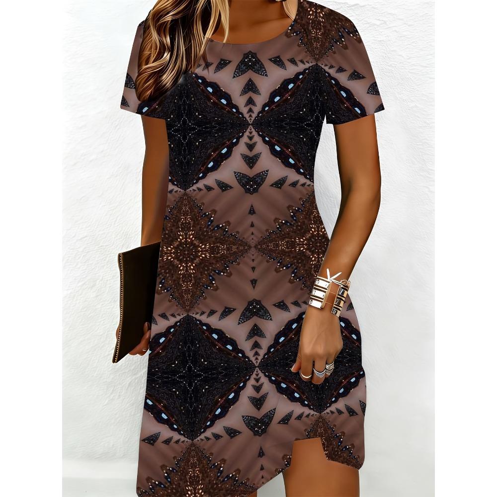 Modisches Sommer Damen Plus Size Kurzarm T-Shirt Kleid Bequem Atmungsaktiv Rundhals 3D Retro Blumenmuster Urlaubs-Partykleid