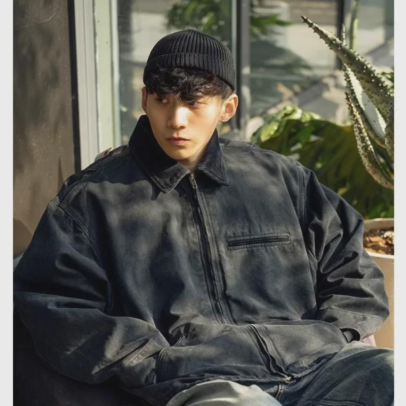 "Men's Vintage Detroit Workwear Jacket - Washed & Distressed Lapel, Loose Baseball Style for Spring & Autumn"