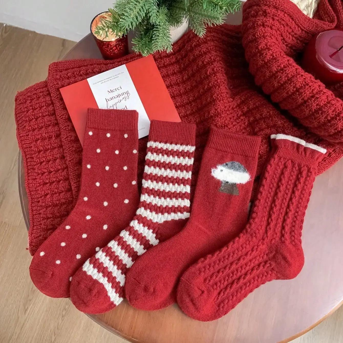 

Red Woolen Socks for Women Warm and Simple 4 Pairs Vibrant Patterned Red Mid-calf Socks Absorb Sweat Sweet Christmas Long Socks One Size
