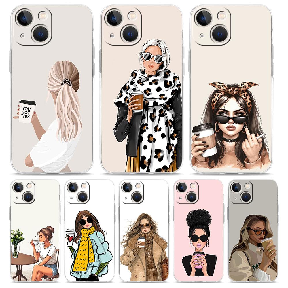 Phone Case For iPhone 16 Cases iPhone 15 12 13 14 16 Pro Max X XR XS Max 15 Plus 16Pro iPhone11 Cover Girl Boss Female Coffee
