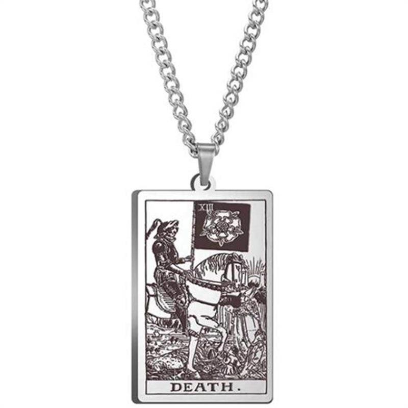 Tarot Stainless Steel Necklace Men'S Hip Hop Personality Retro Square Pendant Sweater Necklace