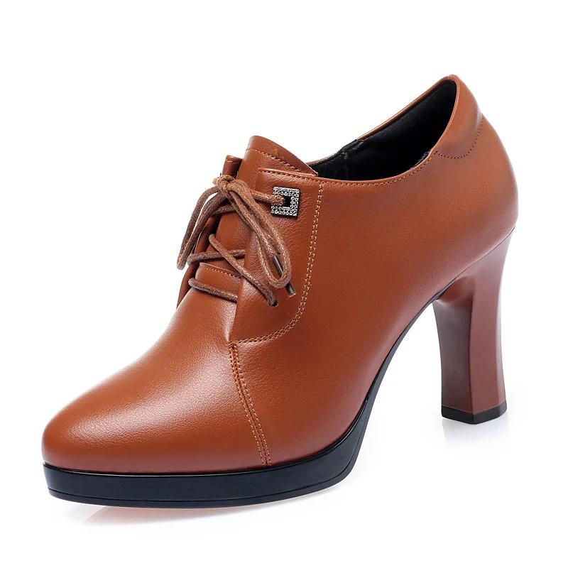 Fashion Women Thick Heel Fashion High Quality Short Ankle Soft Leather Boots Classic Brown Lace-up Spring Autumn High Heel Boots