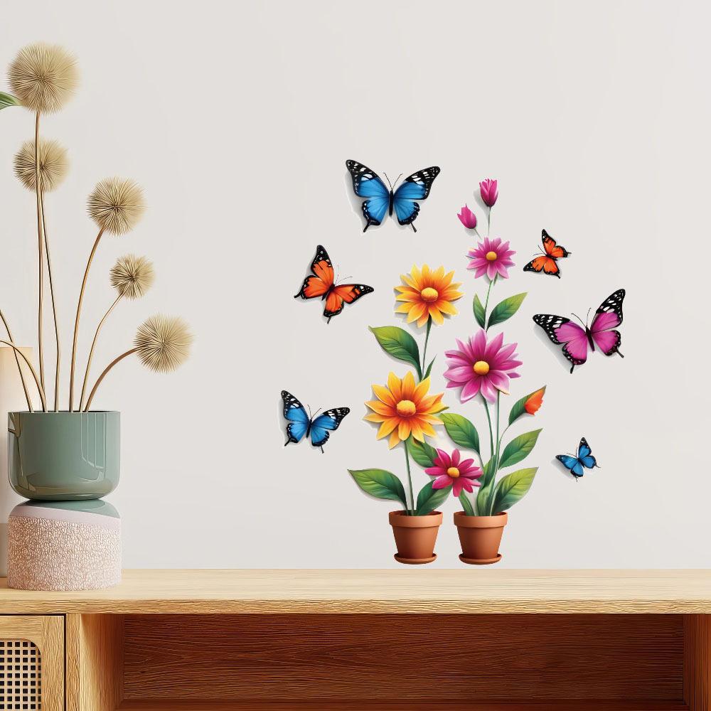Self-adhesive Creative Colorful Butterflies Flowers Potted Plant Wall Stickers for Living Room TV Bedroom Headboard Home Decor