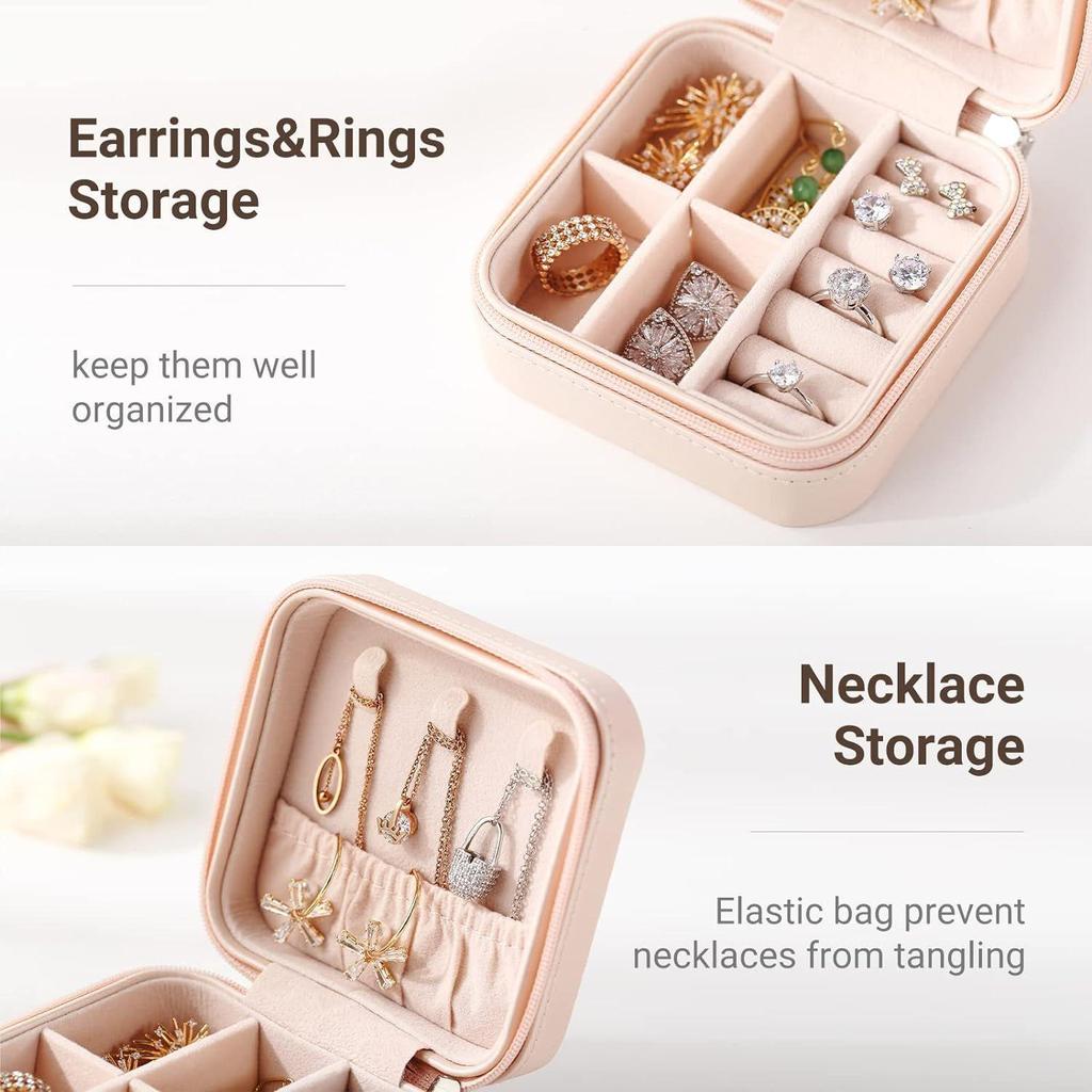 Small Jewelry Box Portable Jewelry Travel Organizer Display Storage Case for Rings Earring Necklace Bracelet, Gift for Women Girls, Pink Faux Leather