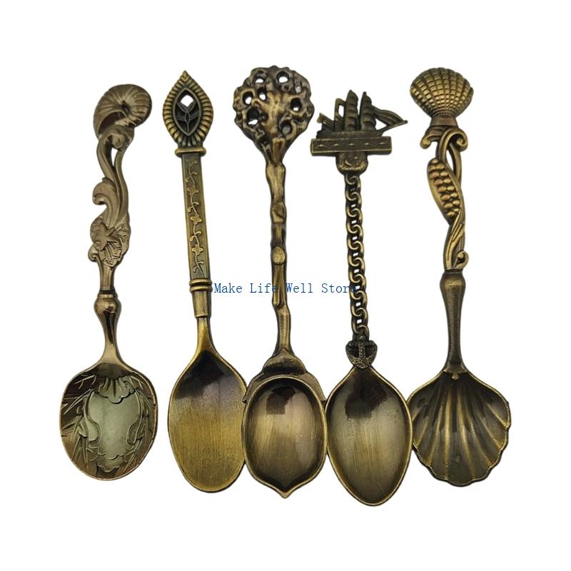 Embossed Alloy Retro Themed 5Pcs Spoon Utensils Set Durable Alloy Tableware Collection For Elegant Table Setting