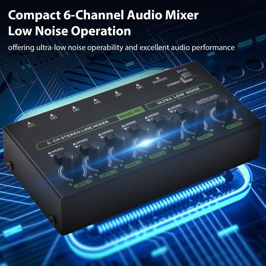 6-Channel Audio Mixer Mini Audio Mixer Stereo Mono Switching 6.35mm TRS/TS Input Metal Shell Type-C
