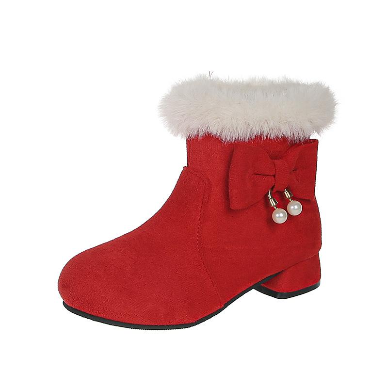 Kids Faux Fur Trim Bow Pearl Low Heel Ankle Boots 27