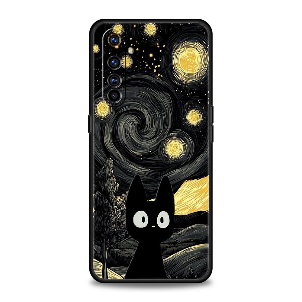 Soft TPU For Realme 11 10 9 Pro Plus GT2 GT3 GT5 C21 C25 C35 C53 C55 C67 Pro 5G Phone Case Cute Color Starry Sky Black Cat Capas