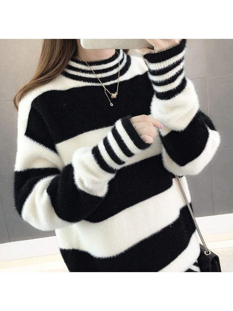 Autumn and Winter Imitation Mink Semi-turtleneck Velvet Thickened Warm Pullover Sweater Women's Loose Striped Bottoming Shirt