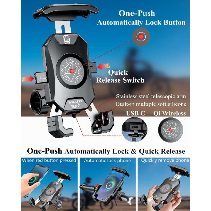 BRCOVAN Motorcycle Phone Mount Holder With Qi 15W Wireless Charger & PD/USB-C 20W Fast Charging Port, [1S Lock] Cellphone Cradle With Aluminum Alloy