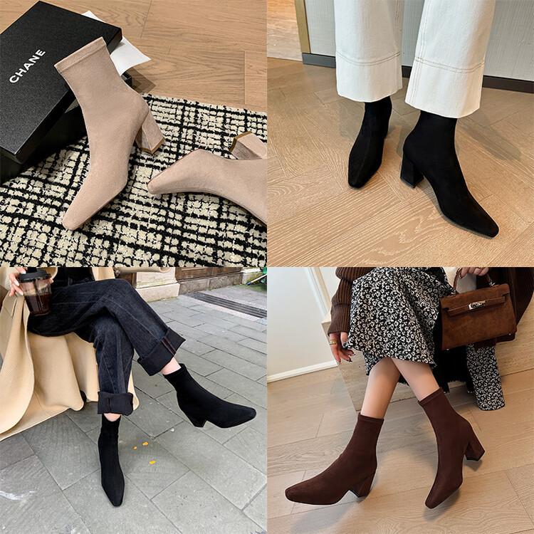 Intellectual Elegance Commuter High Heel Thin Boots 2025 Autumn and Winter New Small Square Head Side Zipper Elastic Bag Legs Short Boots Women