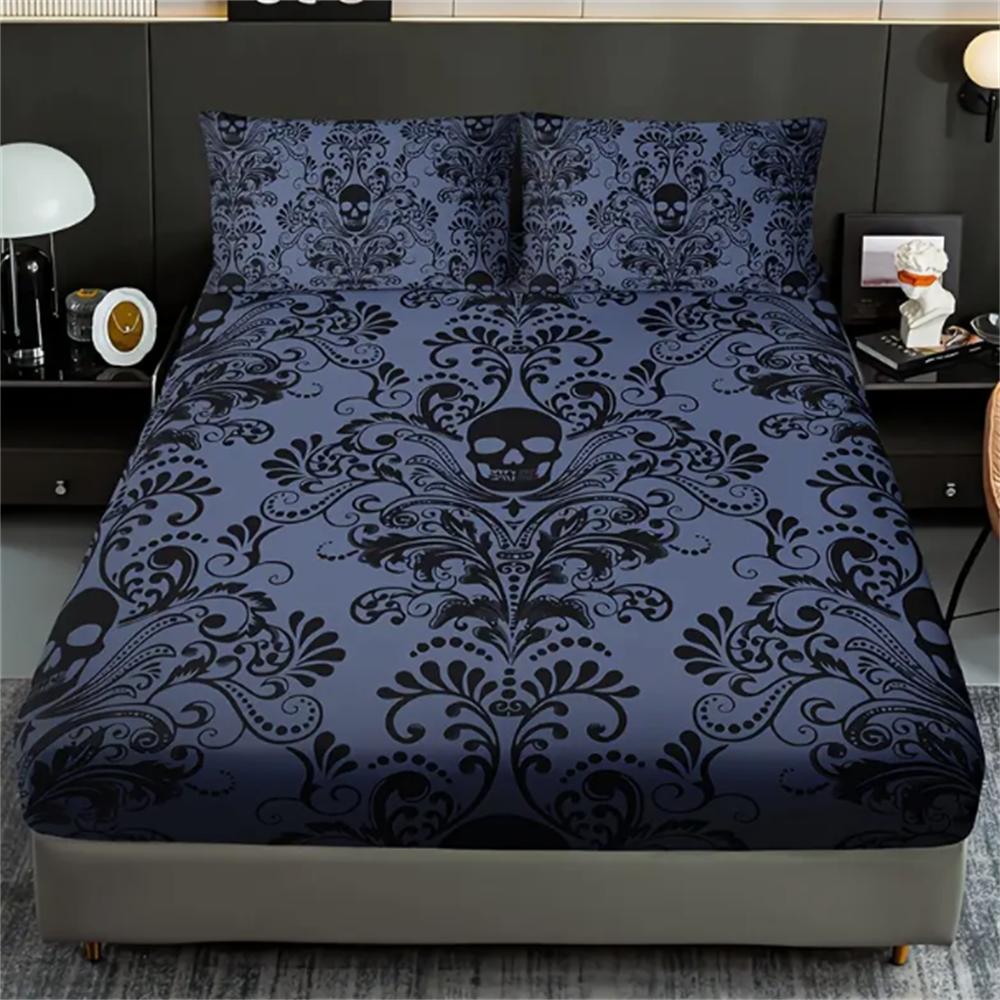 Skull Floral Design 3-Piece Bed Sheet Set - 100% Polyester, Digital Print, Breathable All-Season Fitted Sheet and Pillowcase Set